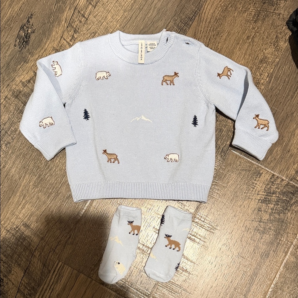 NWT Light Blue Baby Sweater with Woodland Animal Embroidery 3-6 M